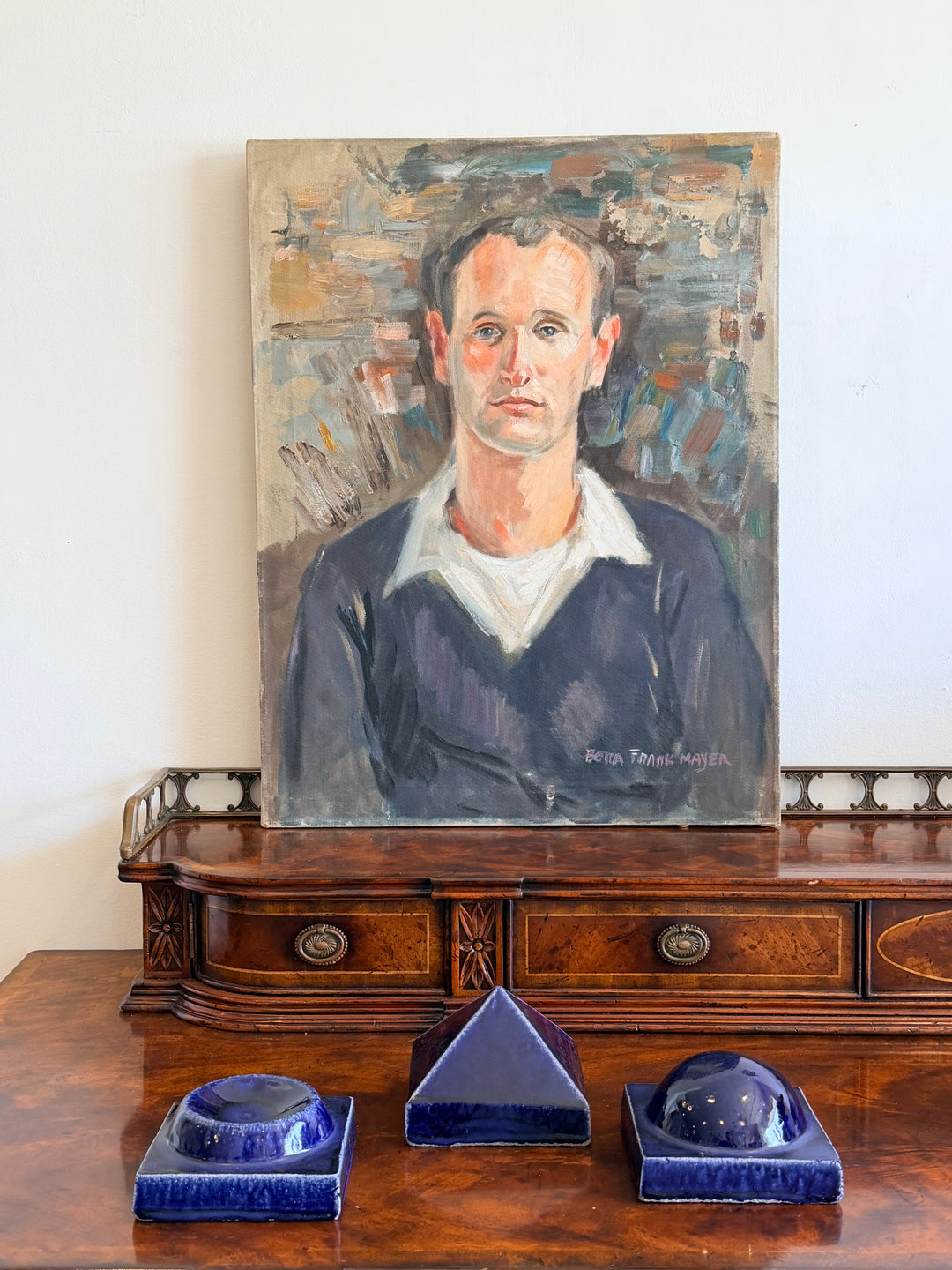 Portrait of a gentleman painting by Bena Frank Mayer from 1940, displayed in a classic frame with detailed background.