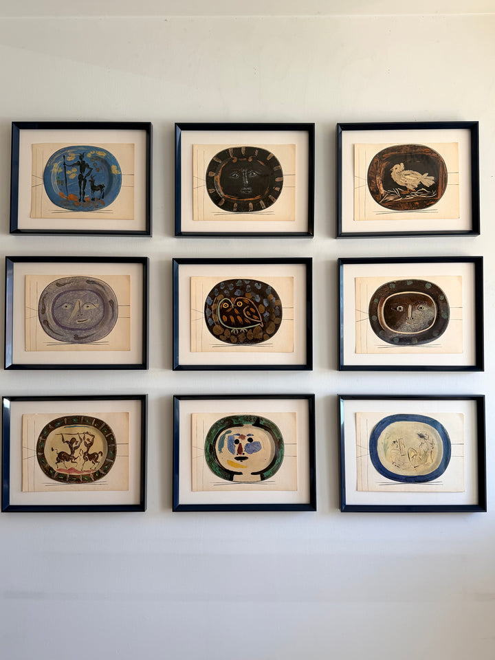 Nine tipped-in color lithographs from Céramiques de Picasso, 1948, by Pablo Picasso, displayed on a neutral background.
