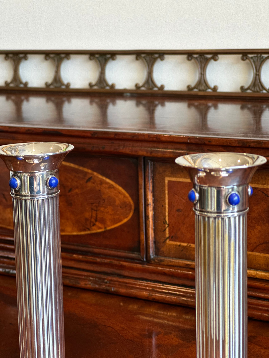 Rare Vintage Cartier Silver and Lapis Lazuli Columnar Candlesticks, France, ca. 1980s