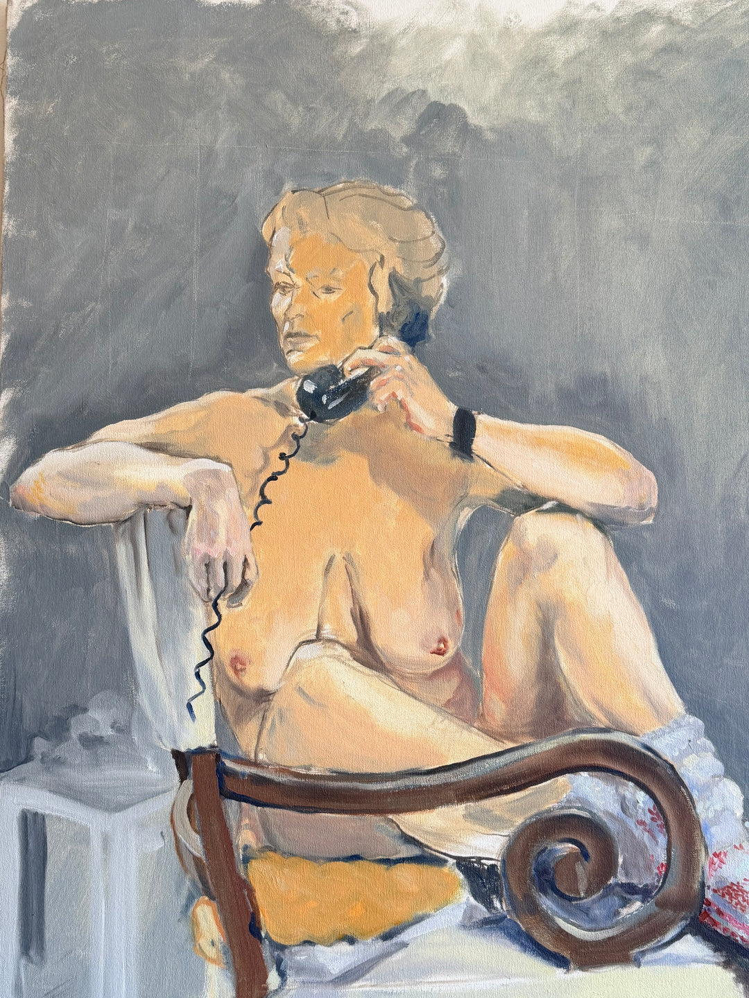 Large figurative interior study oil painting by Housebound Interiors showing a seated nude woman with a telephone in a late 20th-century style.