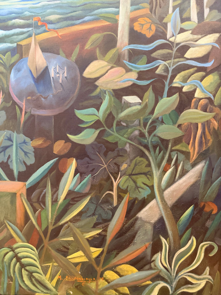 Surrealist botanical landscape oil painting by M. Brandenberger, featuring vibrant colors and intricate plant details.