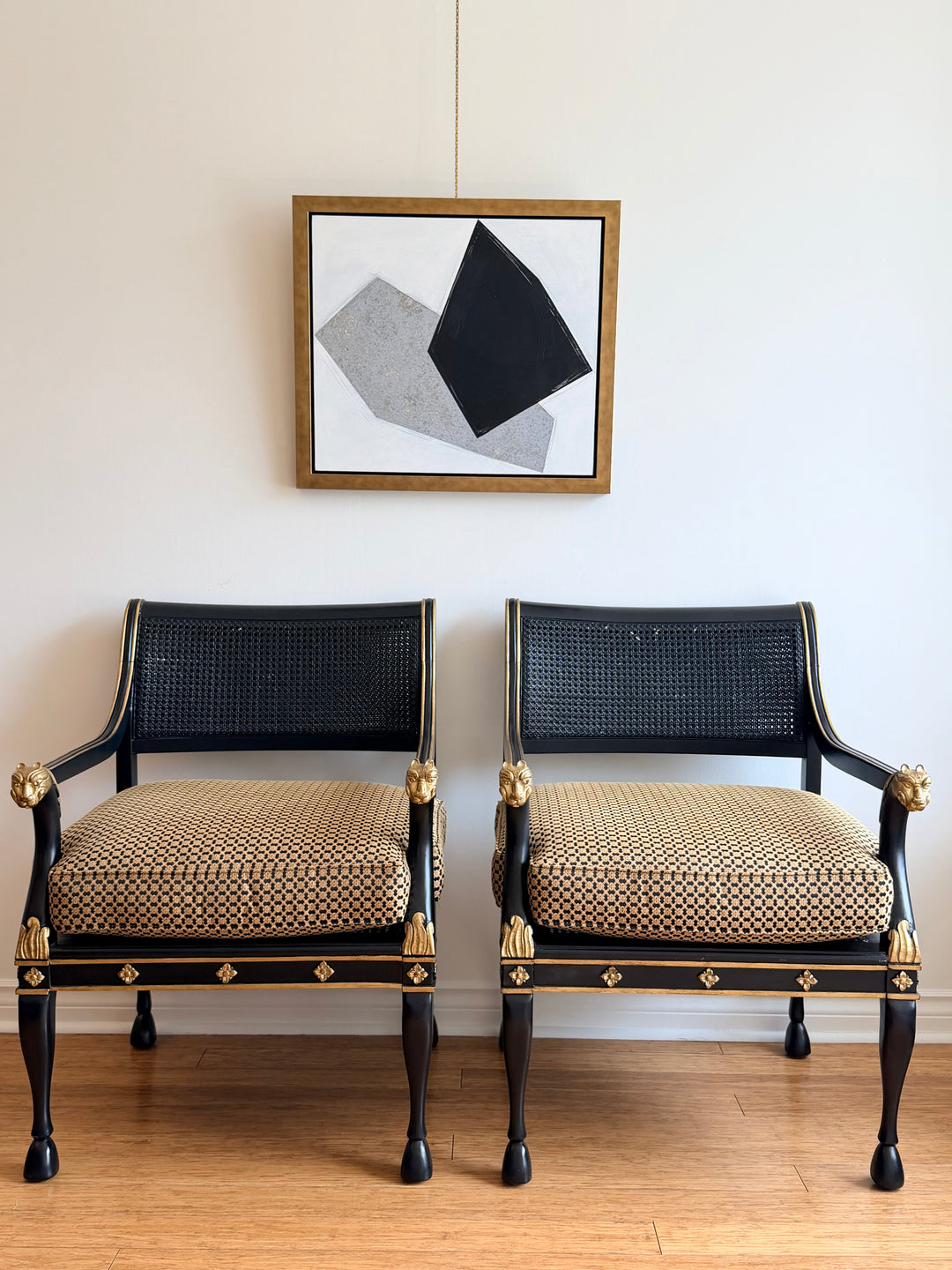 Neoclassical Ebonized &amp; Gilt Armchairs with Hoof Feet - PAIR