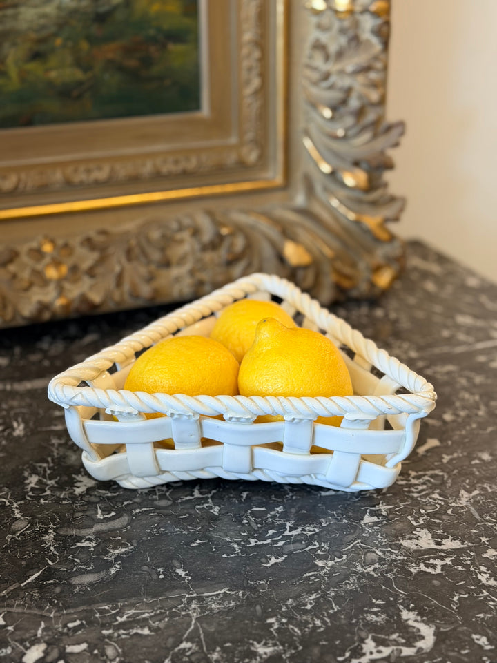 Spanish woven ceramic basket with twisted rope rim from mid-20th century, handcrafted by Housebound Interiors.