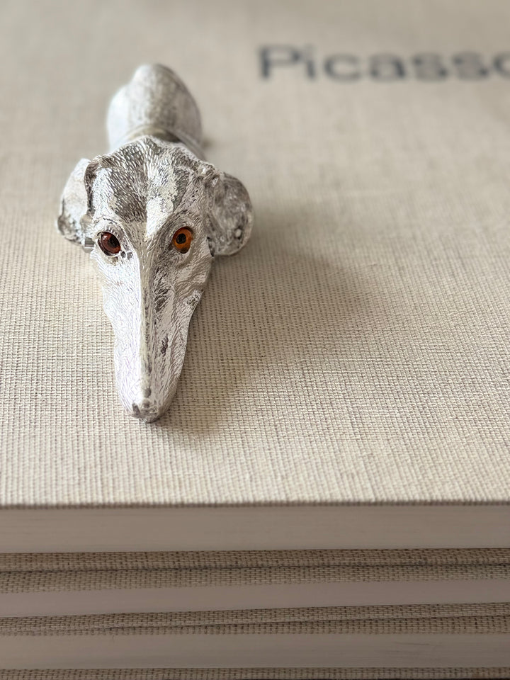English Silver Dog-Form Desk Clip with Amber Glass Eyes - 20th Century
