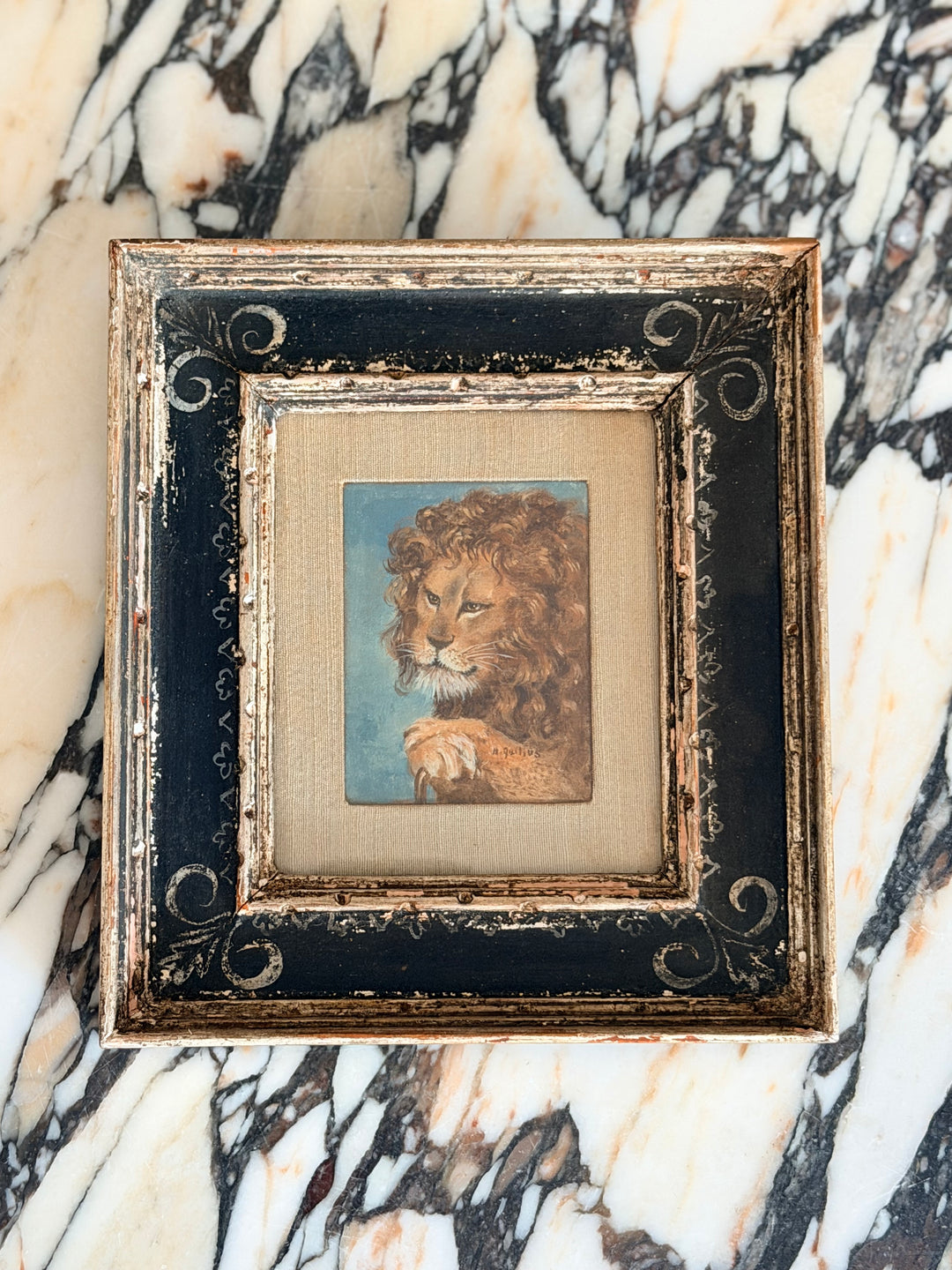 19th century English lion painting by Housebound Interiors, featuring a detailed depiction of a majestic lion in a vintage style.
