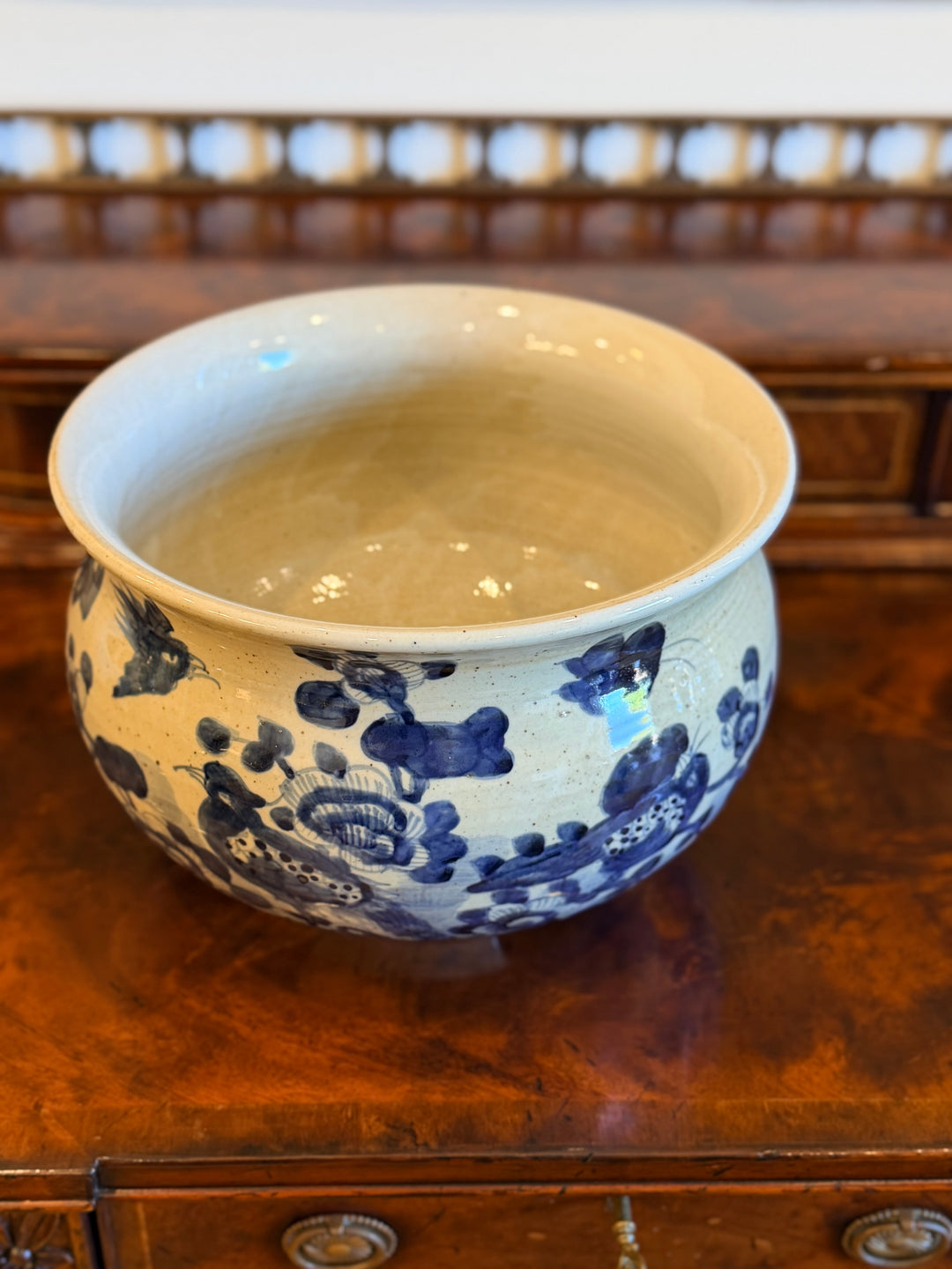 Blue and White Porcelain Pot with Hand-Painted Bird and Floral Motif