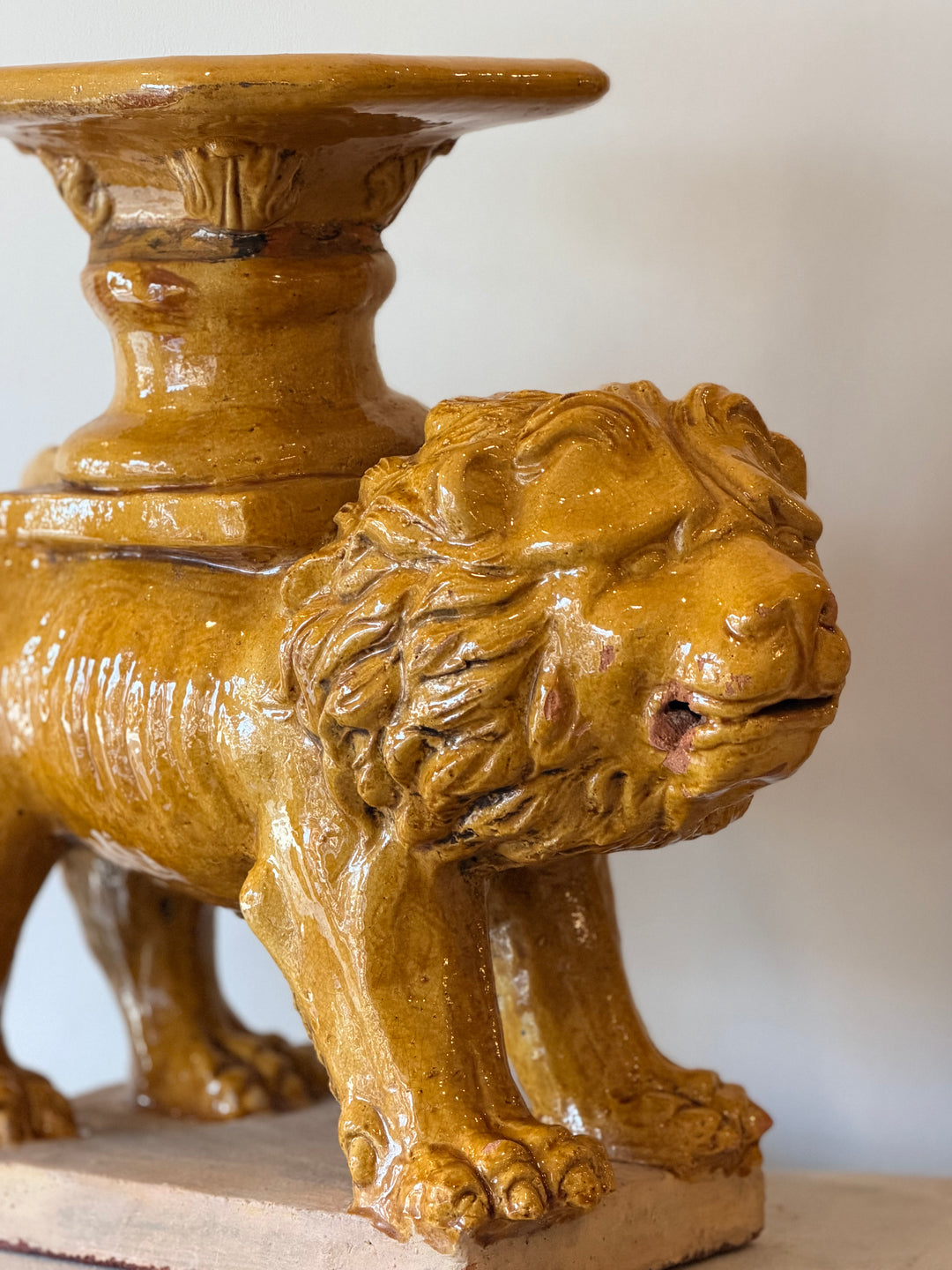 Rare 19th-Century Italian Majolica Lion Garden Stool / Sculptural Cocktail Table