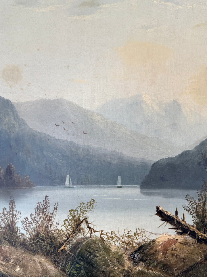 Early 20th-century Alpine Stillness mountain lake landscape painting by Housebound Interiors, depicting tranquil mountain scenery.