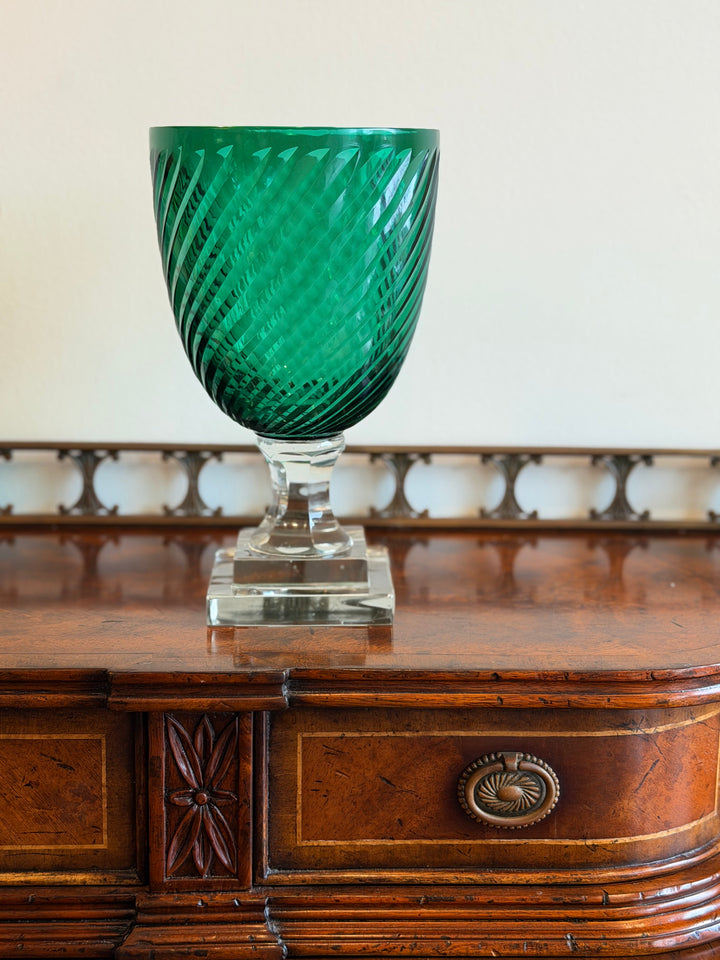 Green Cut Glass Hurricane on Faceted Base