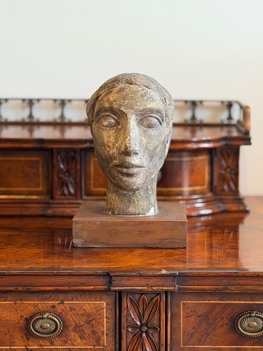 French Modernist plaster head study from 1950, sculpture featuring abstract facial features, by Housebound Interiors.