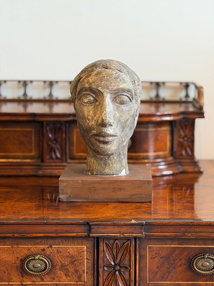 French Modernist plaster head study from 1950, sculpture featuring abstract facial features, by Housebound Interiors.