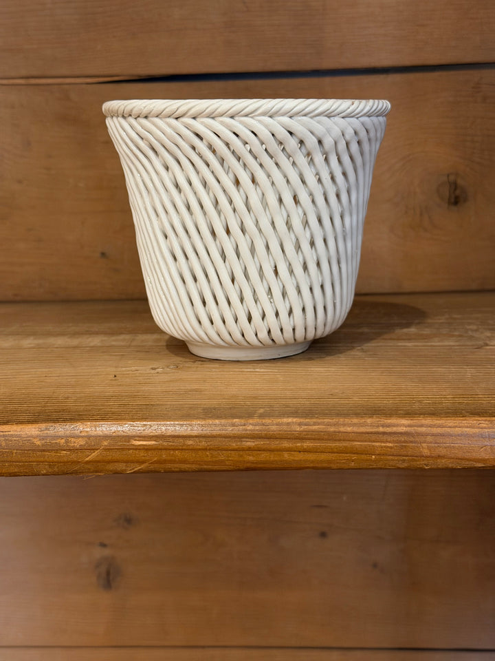 Italian Mid-Century White Basketweave Pottery Cachepot