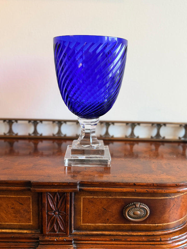 Cobalt Cut Glass Hurricane on Faceted Base
