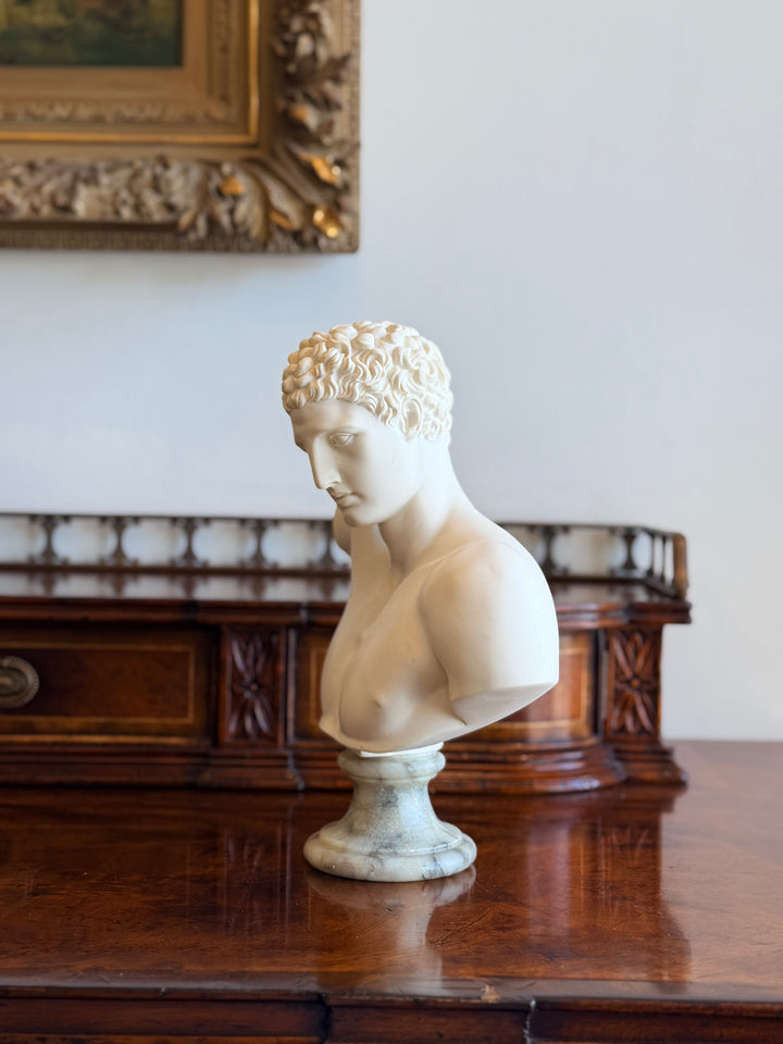 Vintage Italian classical male torso bust with marble base, signed 1965, by Housebound Interiors, showcasing detailed marble sculpture.
