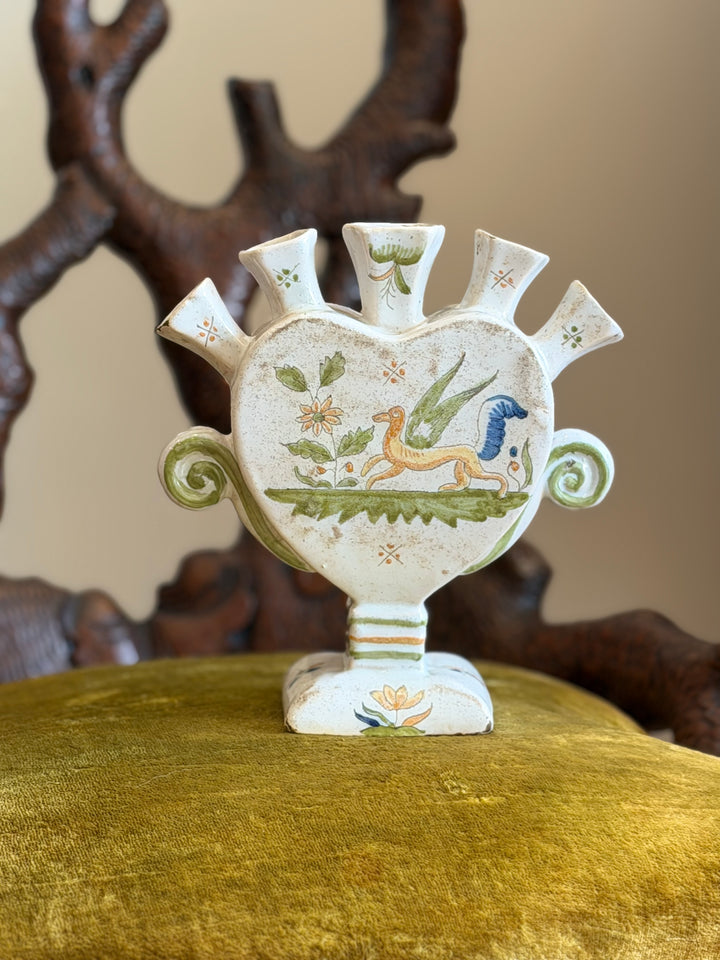 19th Century French Faience Five-Spout Tulipière with Birds and Flowers