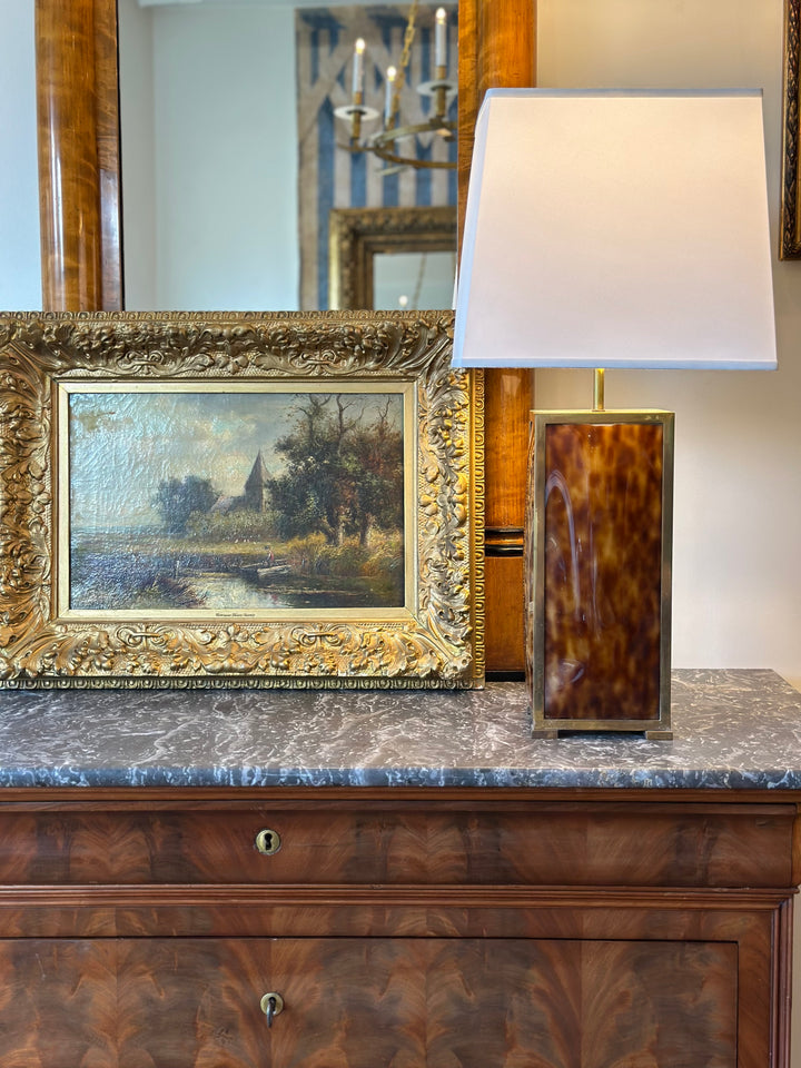 Modernist Italian Table Lamp in Faux Tortoiseshell and Brass, circa 1970
