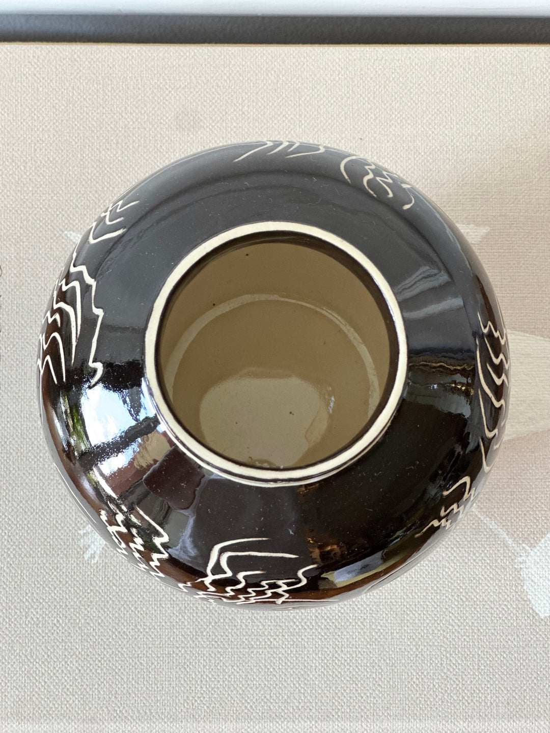 Modernist Black Glazed Vase with Incised Portraits