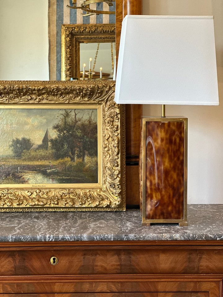 Modernist Italian Table Lamp in Faux Tortoiseshell and Brass, circa 1970