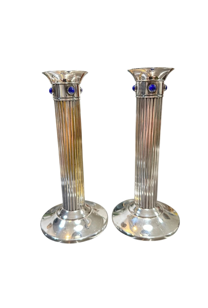 Rare Vintage Cartier Silver and Lapis Lazuli Columnar Candlesticks, France, ca. 1980s