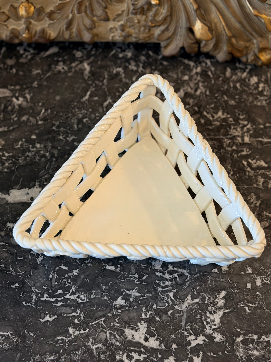 Spanish woven ceramic basket with twisted rope rim, mid-20th century, by Housebound Interiors, showing detailed handcrafted design.