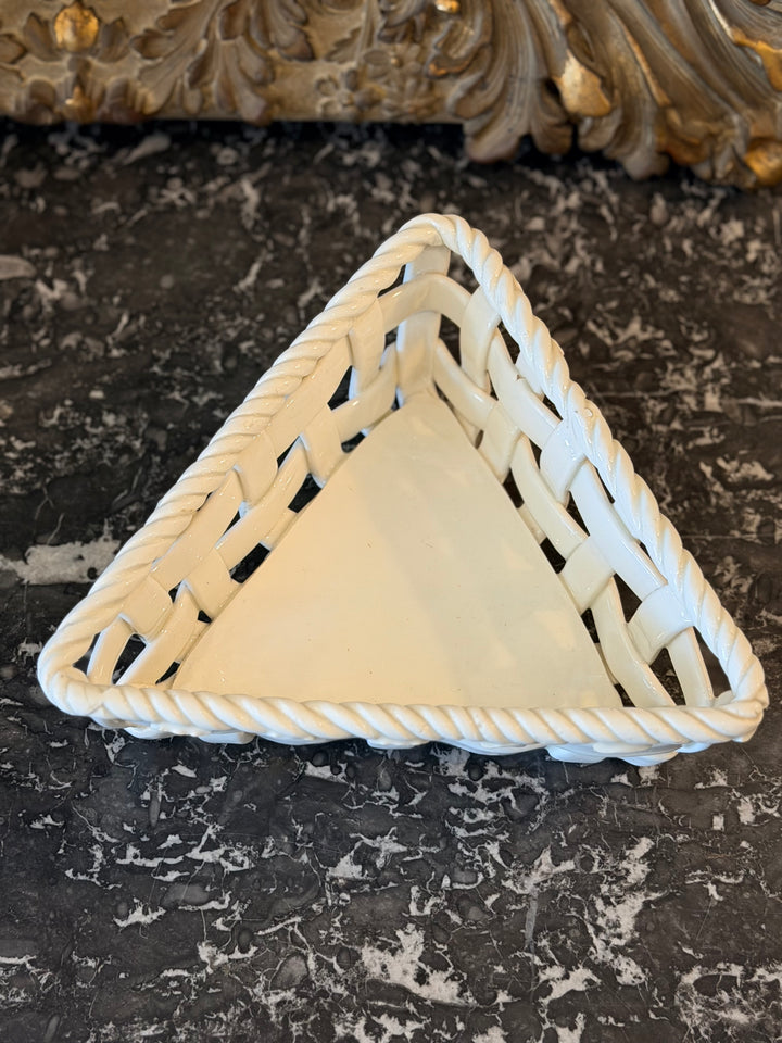 Spanish woven ceramic basket with twisted rope rim, mid-20th century, by Housebound Interiors, showing detailed handcrafted design.