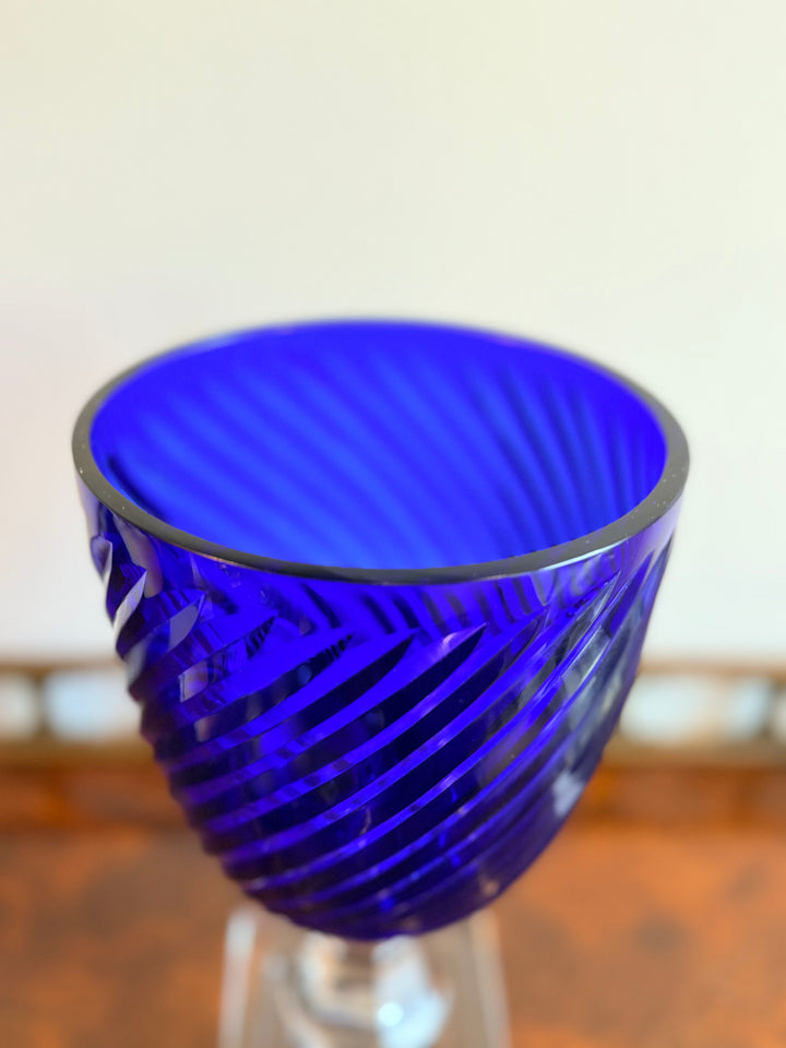 Cobalt Cut Glass Hurricane on Faceted Base