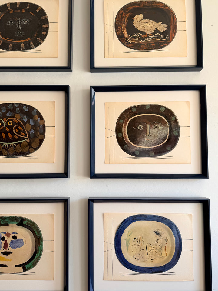 Nine tipped-in color lithographs from Picasso's Céramiques series, showcasing vibrant ceramic-inspired artwork from 1948.