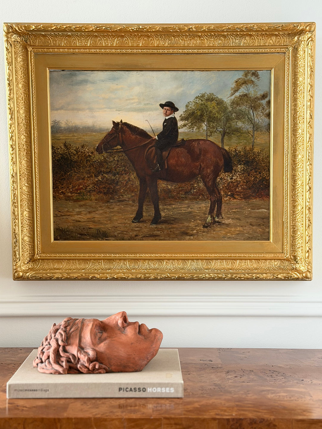 19th century portrait of an English school horse and rider, showcasing equestrian art by Housebound Interiors.