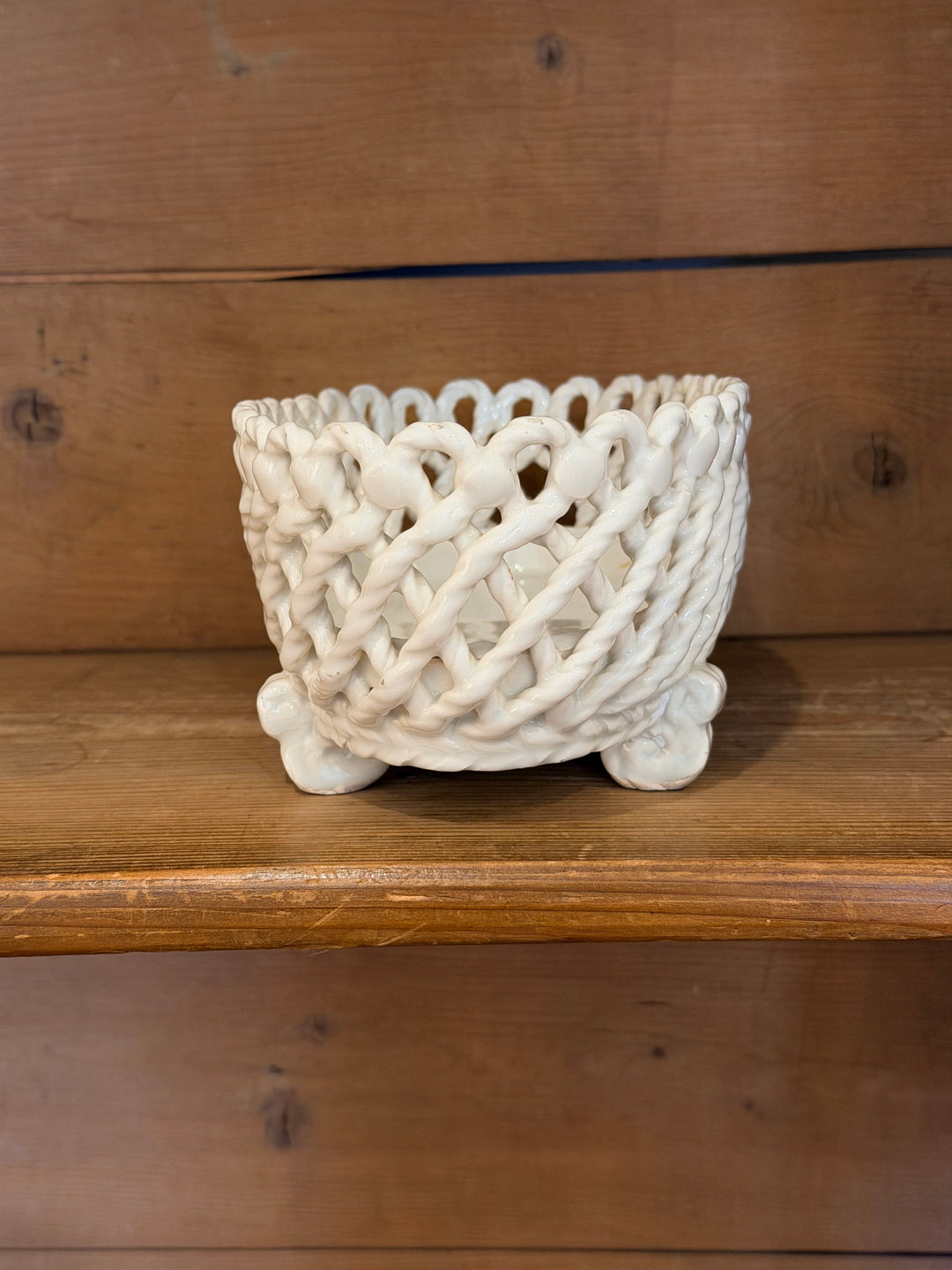 Spanish Mid-20th Century White Glazed Basketweave Pottery Centerpiece