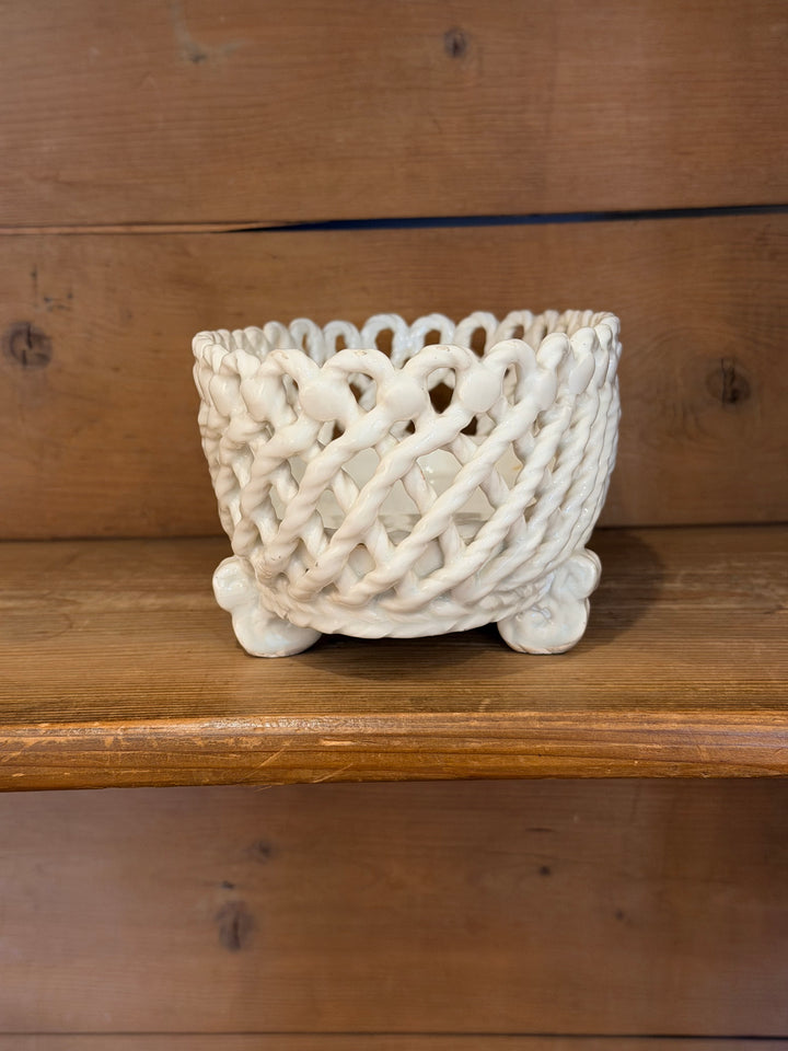 Spanish Mid-20th Century White Glazed Basketweave Pottery Centerpiece