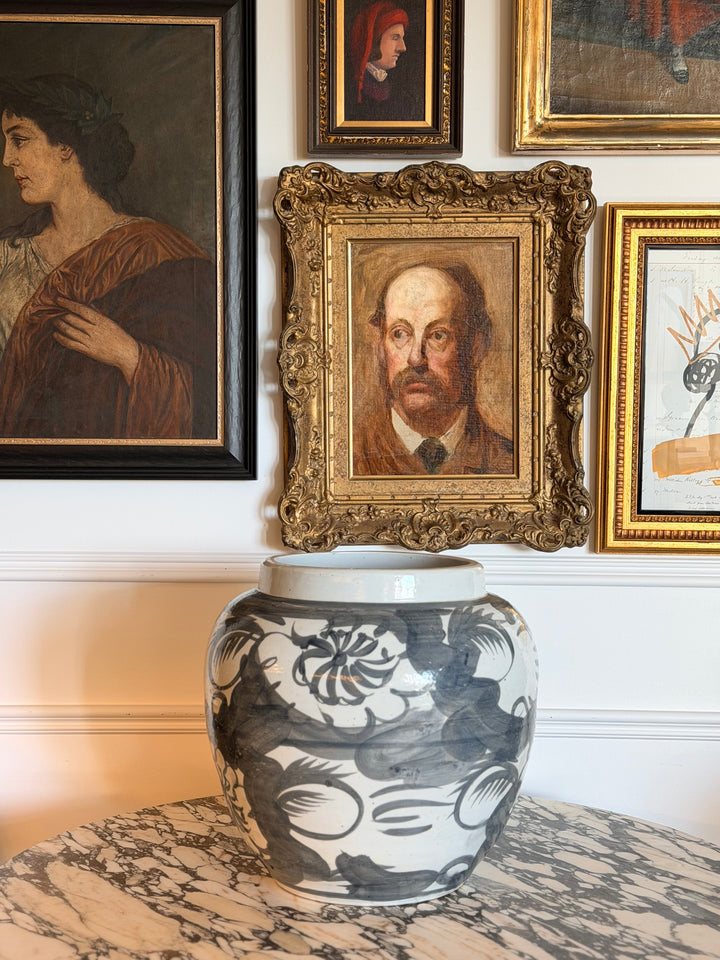 Large Black and White Hand-Painted Porcelain Vessel