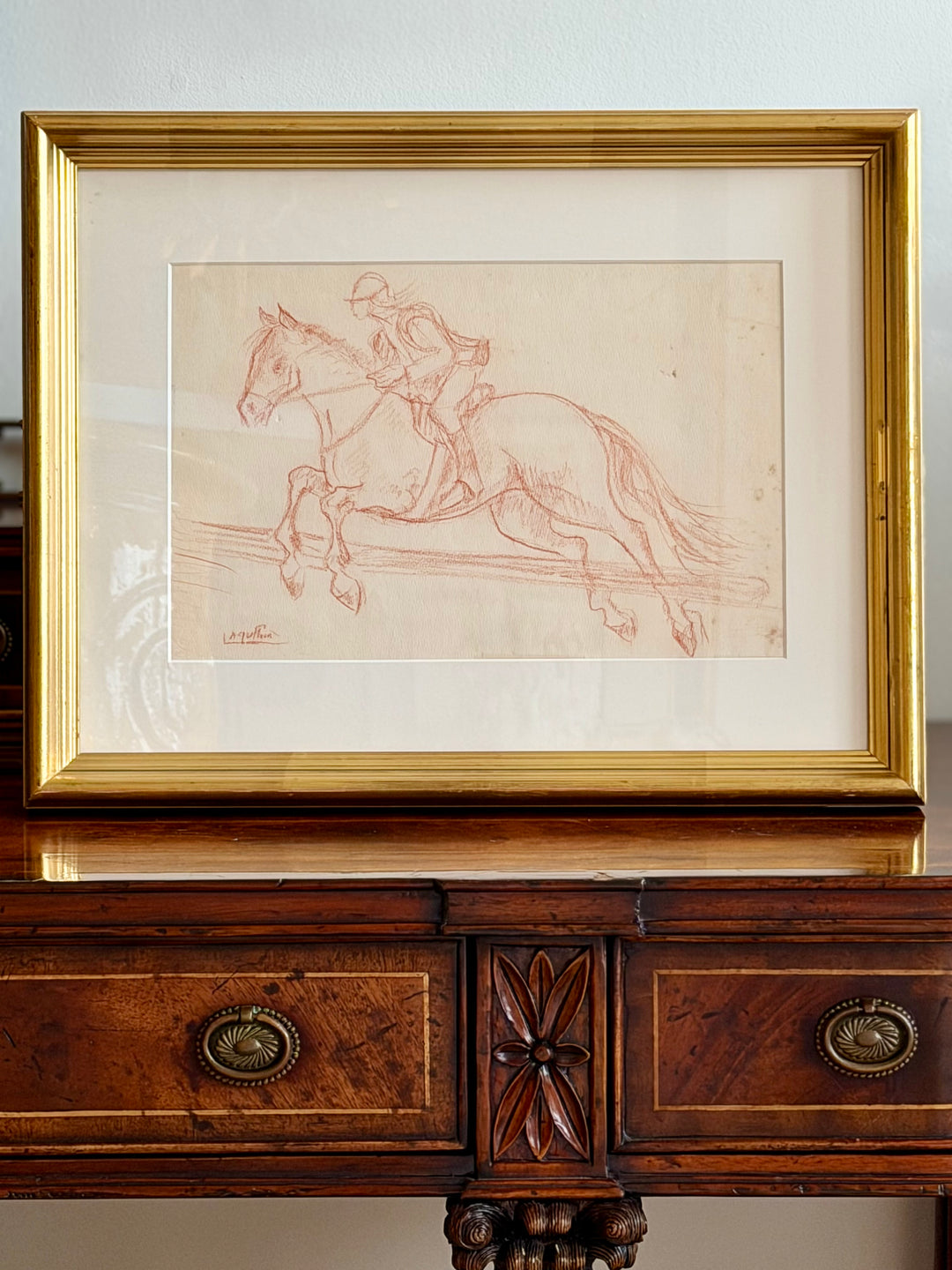 French Sporting Study equestrian drawing in sanguine, early 20th-century art piece from Housebound Interiors.