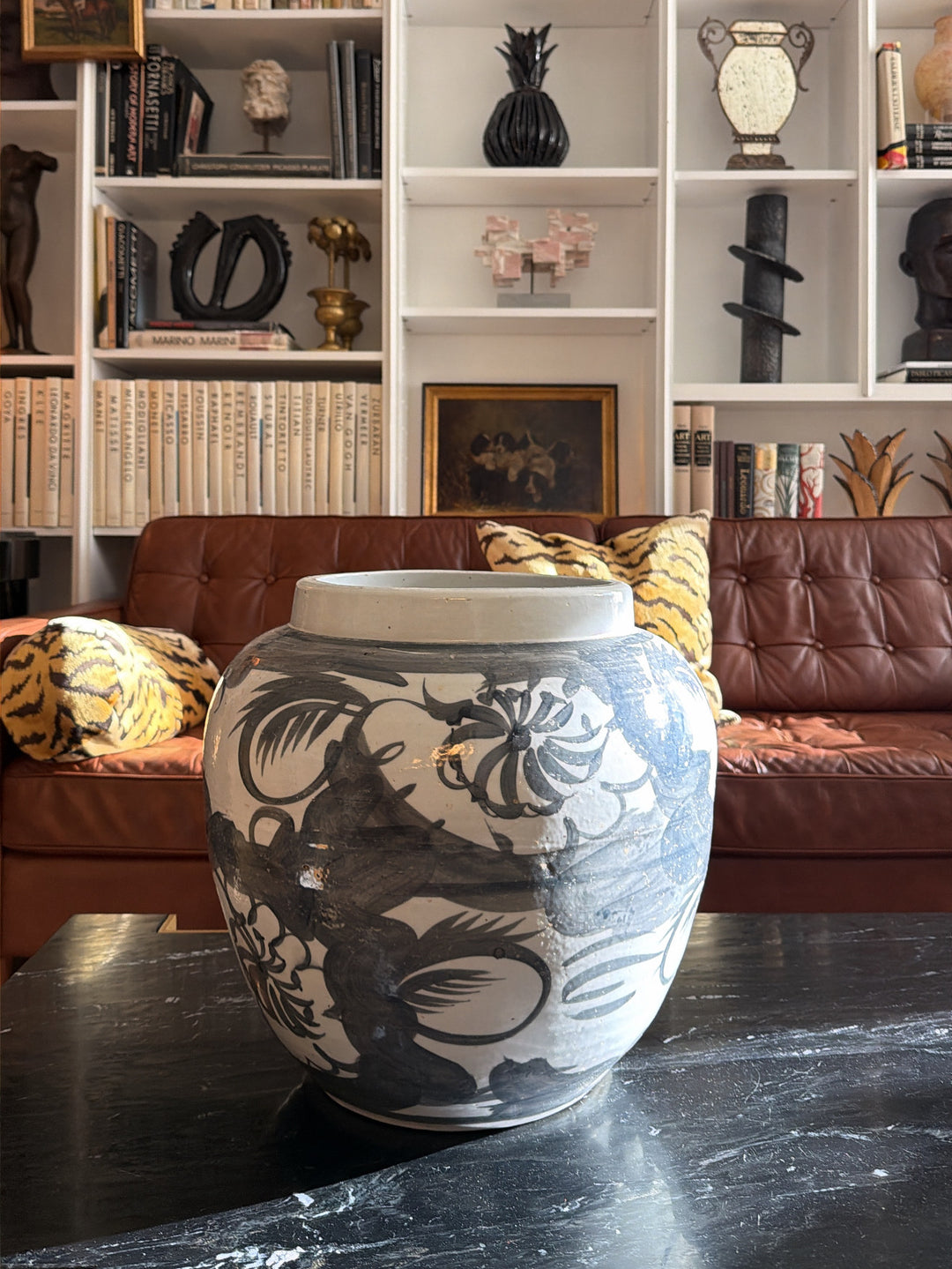 Large Black and White Hand-Painted Porcelain Vessel