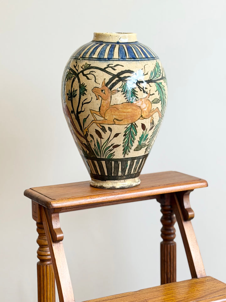 Italian Hand-Painted Figural and Animal Decorated Ceramic Vase