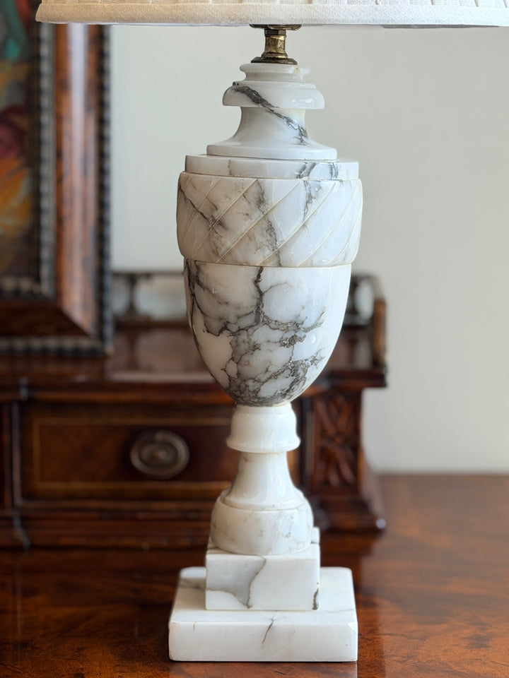 Medium Italian marble urn table lamp with custom pleated linen shade, featuring elegant design from Housebound Interiors.