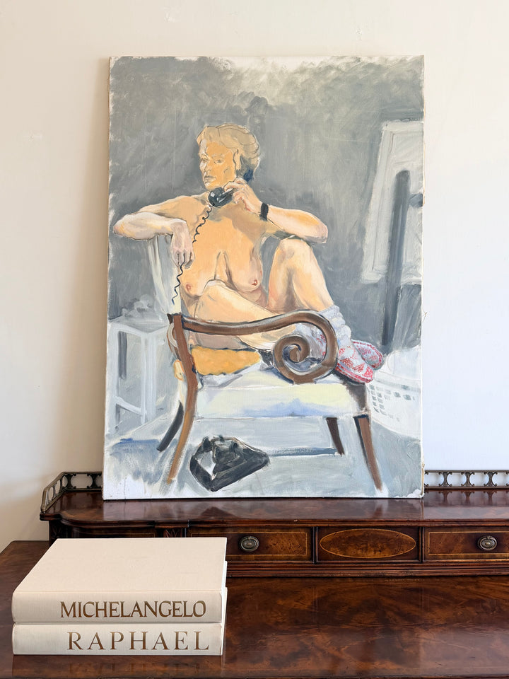 Large figurative interior study oil painting by Housebound Interiors shows a seated nude woman with a telephone in a late 20th-century style.