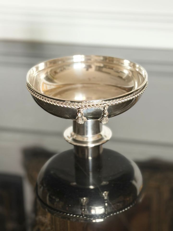 Lancel Paris silver pedestal bowl with twisted rope and tassel details, decorative centerpiece for elegant home decor.