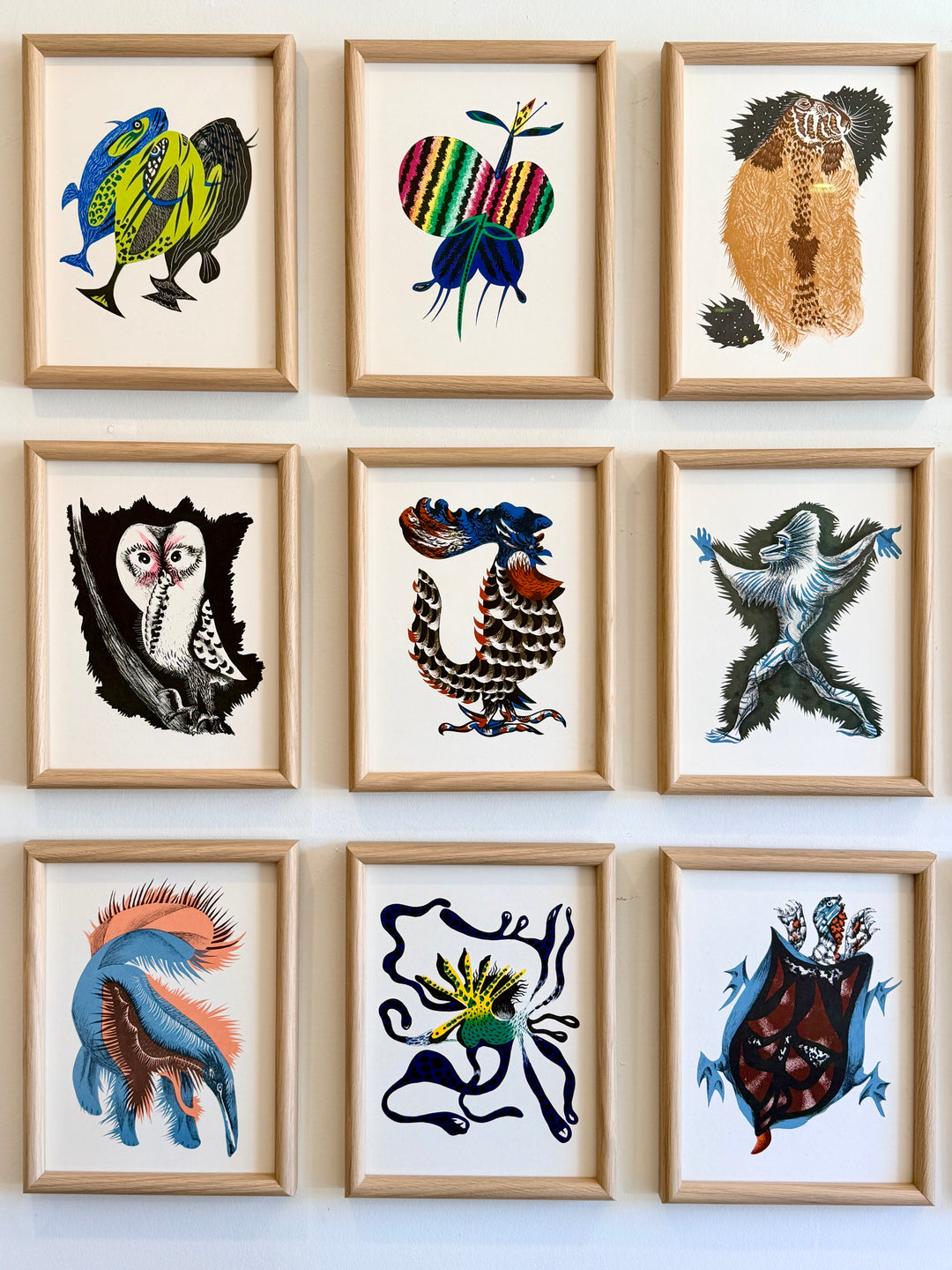 Complete set of 18 Jean Lurçat "Géographie Animale" lithographs from 1948, featuring detailed animal and map illustrations.