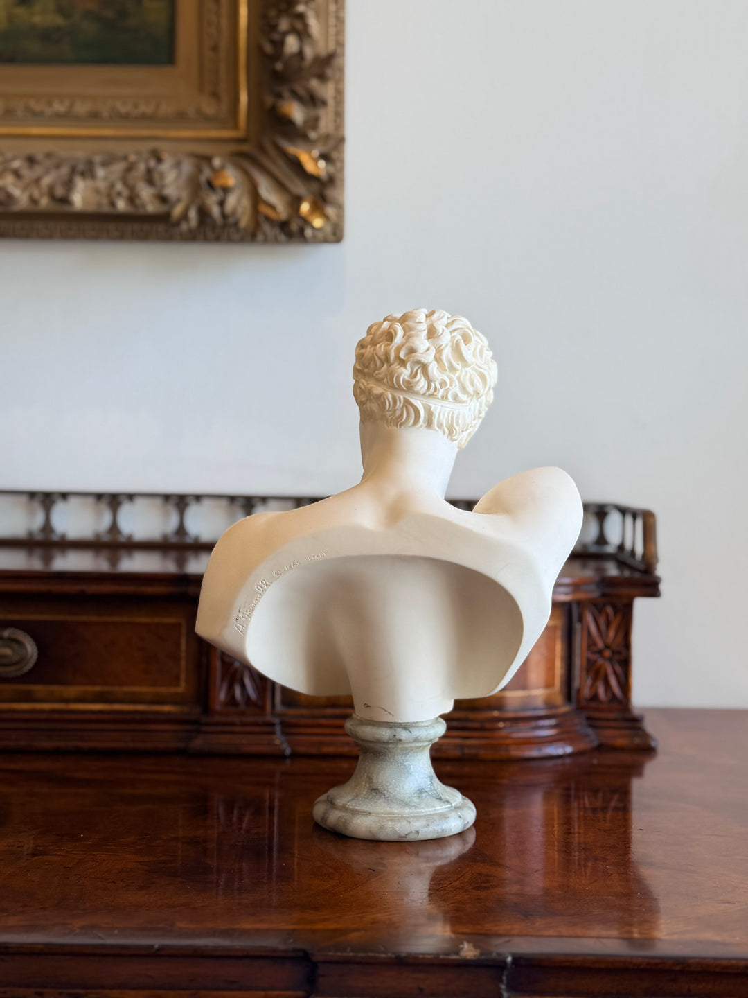 Vintage Italian classical male torso bust with marble base, signed 1965, by Housebound Interiors.