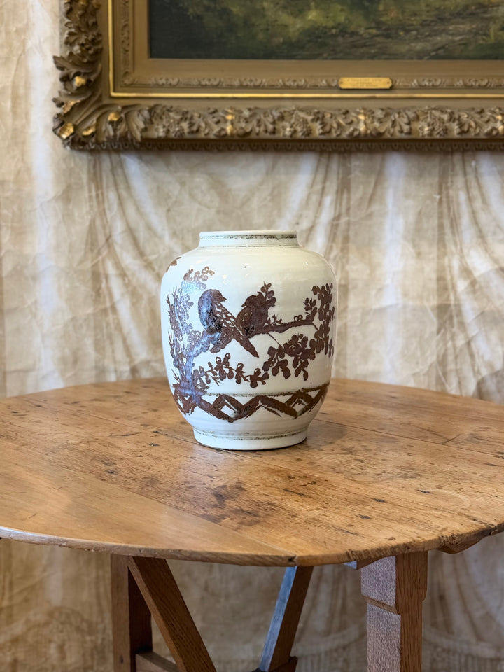 Hand-Painted Porcelain Vase with Birds &amp; Botanical Landscape