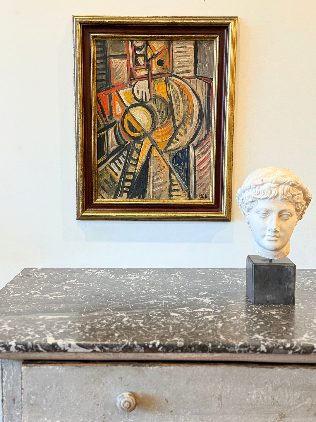 Italian modernist oil painting titled Architectural Radiance from 1953, featuring bold geometric shapes and vibrant colors.