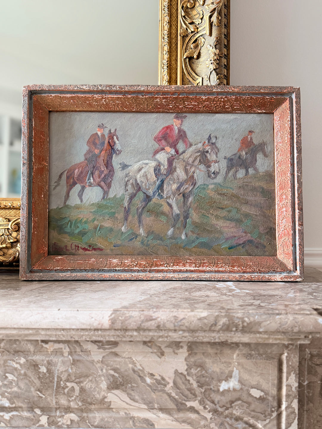 English Equestrian Hunt Scene Oil on Board - 1940