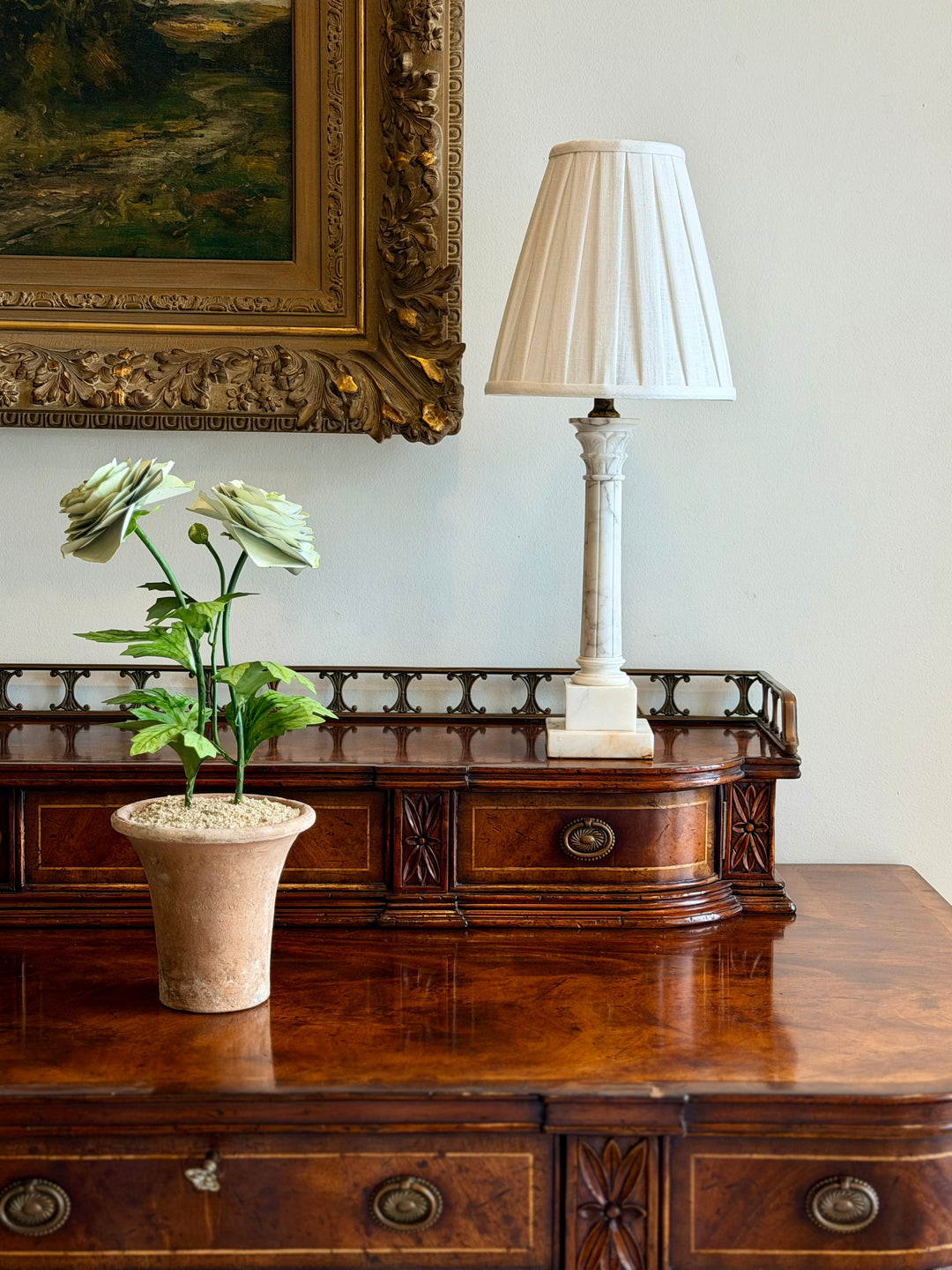 Small Italian marble column table lamp with custom pleated shade, featuring elegant marble base and classic lighting design.