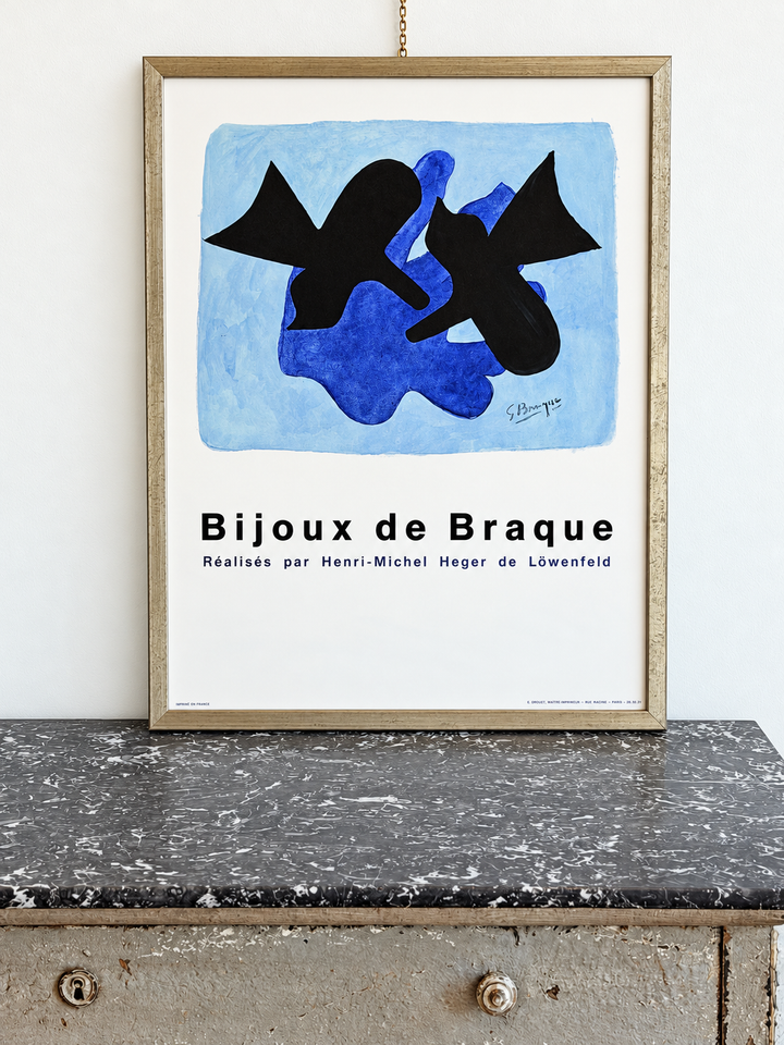 Original 1969 Georges Braque “Bijoux de Braque” French exhibition poster, featuring abstract artwork and bold typography.