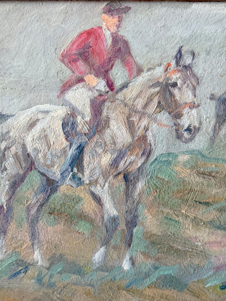 English Equestrian Hunt Scene Oil on Board - 1940