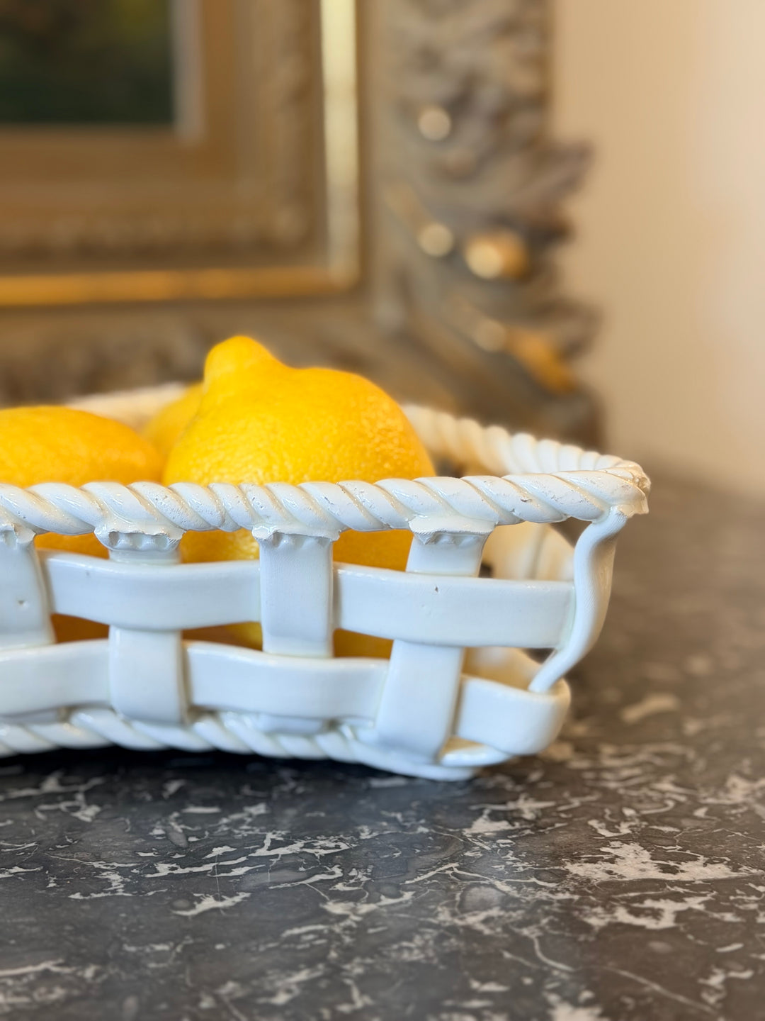 Spanish woven ceramic basket with twisted rope rim, mid-20th century decorative piece from Housebound Interiors.