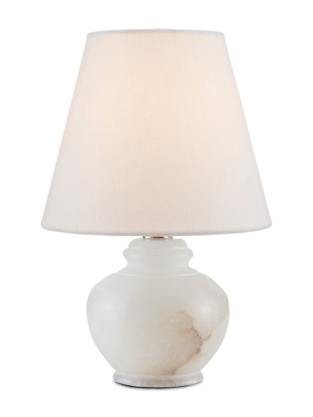 Petite alabaster table lamp by Housebound Interiors with a smooth, rounded alabaster base and soft fabric shade.
