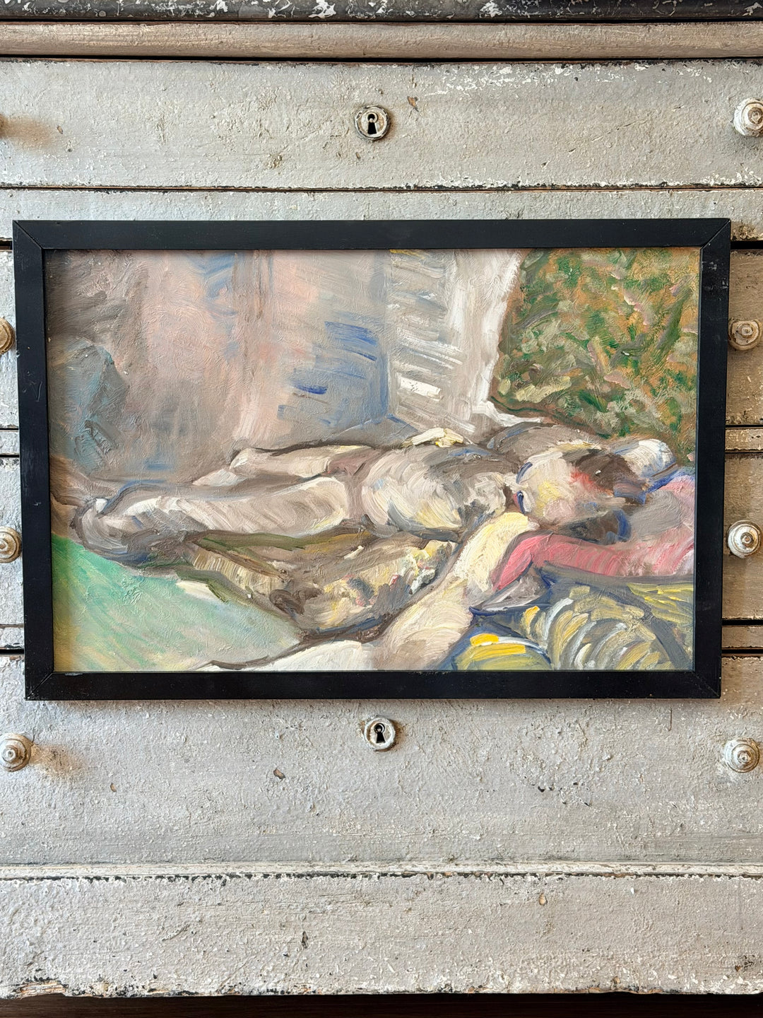 Colorful Italian expressionist figural painting from the 1960s, vibrant artwork showcasing bold brushstrokes and abstract figures.
