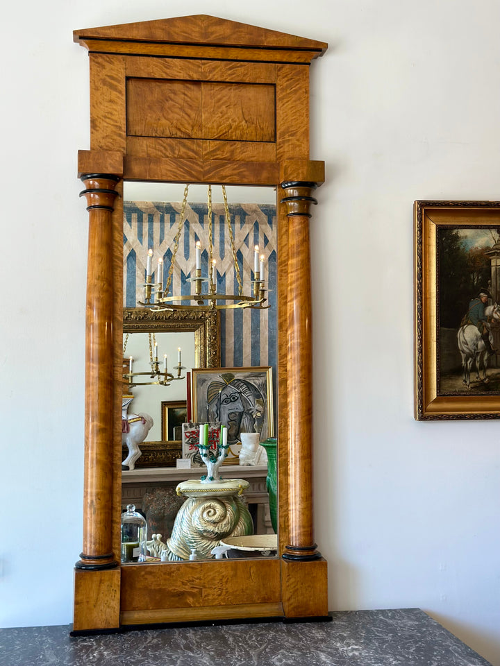Neoclassical Biedermeier Pier Mirror with Ebonized Accents and Classical Pediment - 19th Century