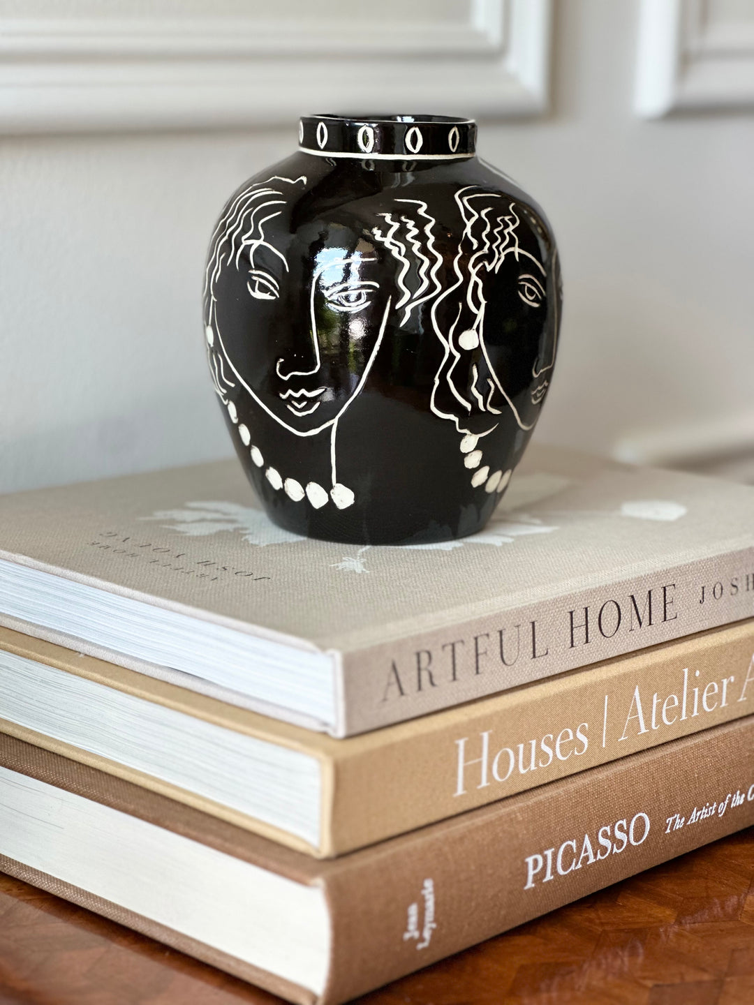 Modernist Black Glazed Vase with Incised Portraits